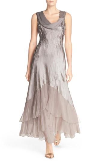 Women's Black By Komarov Beaded Charmeuse & Chiffon A-line Gown - Beige