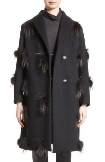 Women's Fabiana Filippi Genuine Fox Fur Trim Wool Blend Coat Us / 42 It - Black