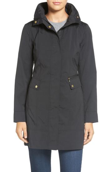 Petite Women's Cole Haan Signature Back Bow Packable Hooded Raincoat, Size P - Black