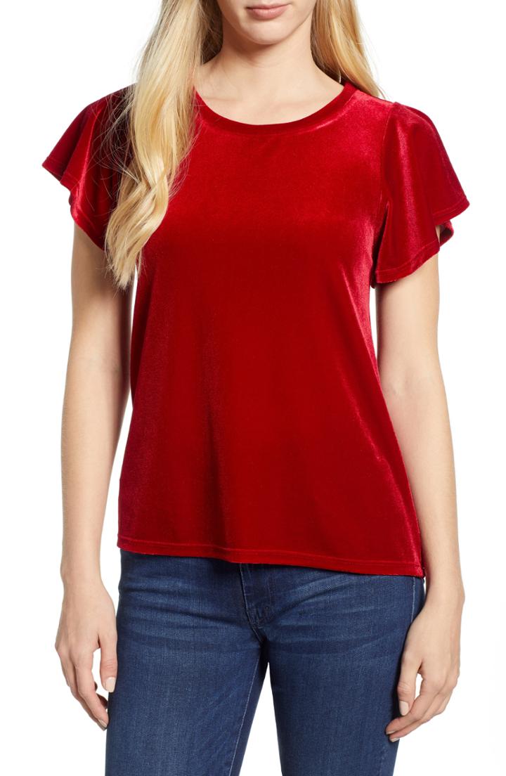 Women's Gibson X Glam Squad Velvet Flutter Sleeve Shirt - Red