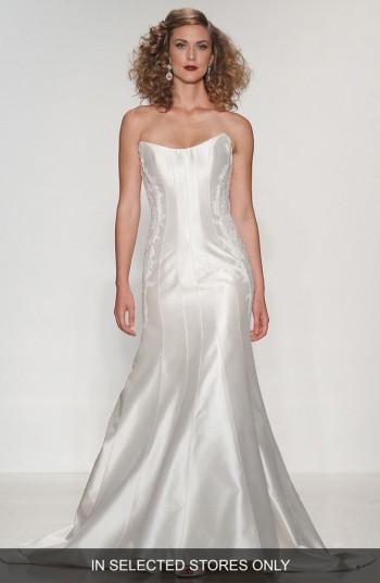 Women's Matthew Christopher 'julia' Strapless Lace Applique Shantung Trumpet Gown, Size In Store Only - Ivory