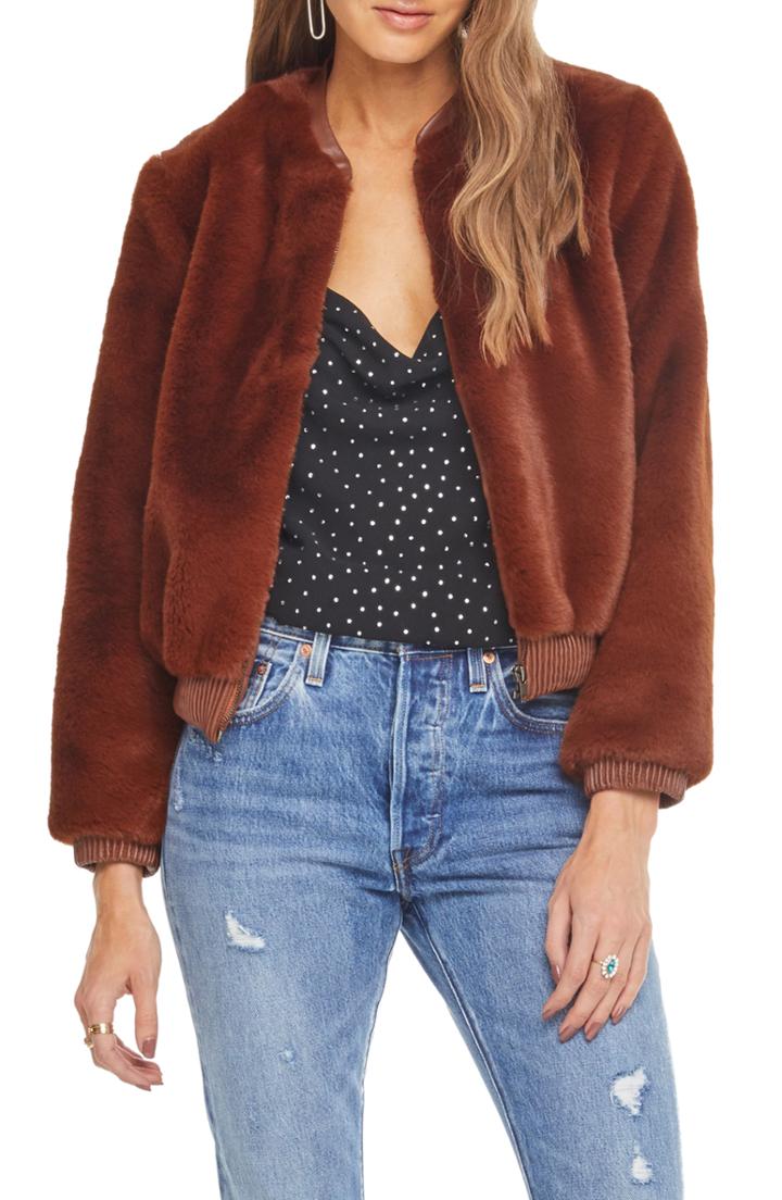 Women's Astr The Label Frankie Faux Fur Bomber Jacket - Brown