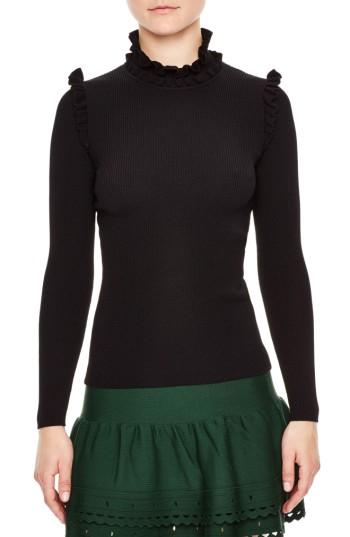 Women's Sandro Ruffle Trim Turtleneck Sweater - Black
