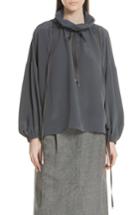 Women's Tibi Drawstring Collar Silk Top - Grey
