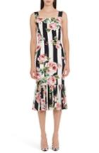 Women's Dolce & Gabbana Stripe Rose Print Stretch Silk Dress Us / 38 It - White