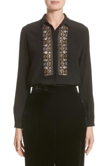 Women's Etro Embroidered Bib Silk Blouse Us / 40 It - Black