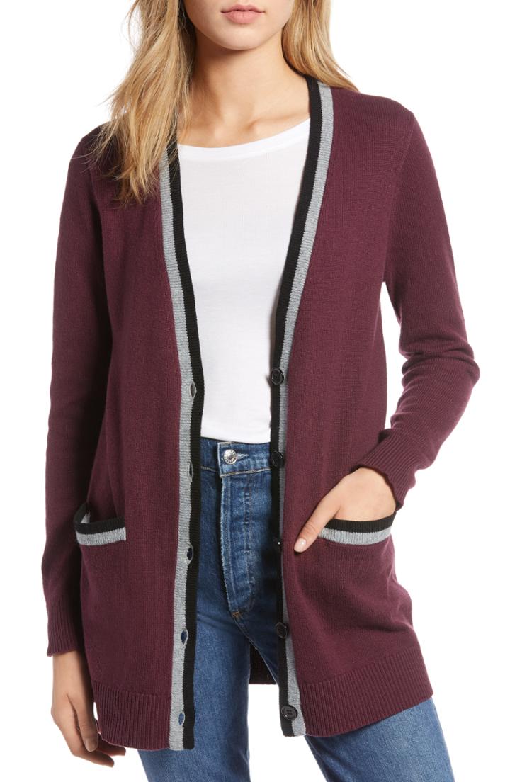 Women's 1901 Varsity Stripe Long Cardigan, Size - Burgundy
