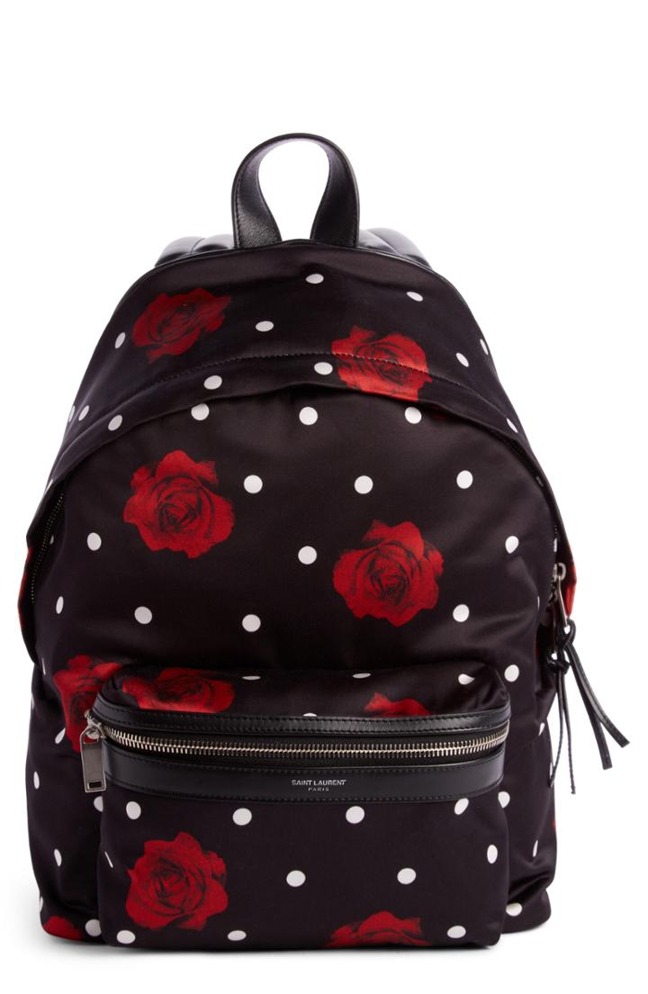 Saint Laurent City Mini Rose Print Satin Backpack -
