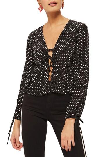 Women's Topshop Polka Dot Tie Front Blouse Us (fits Like 0) - Black