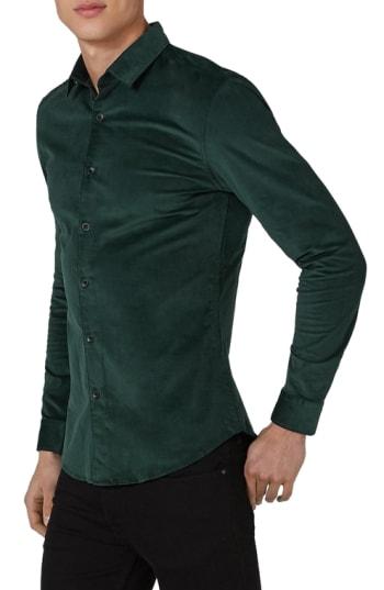 Men's Topman Muscle Fit Corduroy Shirt - Green