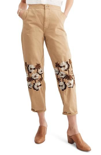 Women's Madewell Embroidered Tapered Crop Pants - Brown