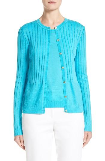 Women's St. John Collection Nitya Eyelet Knit Cardigan, Size - Blue