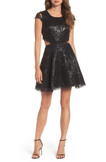 Women's Sequin Hearts Cutout Sequin Lace Fit & Flare Dress - Black