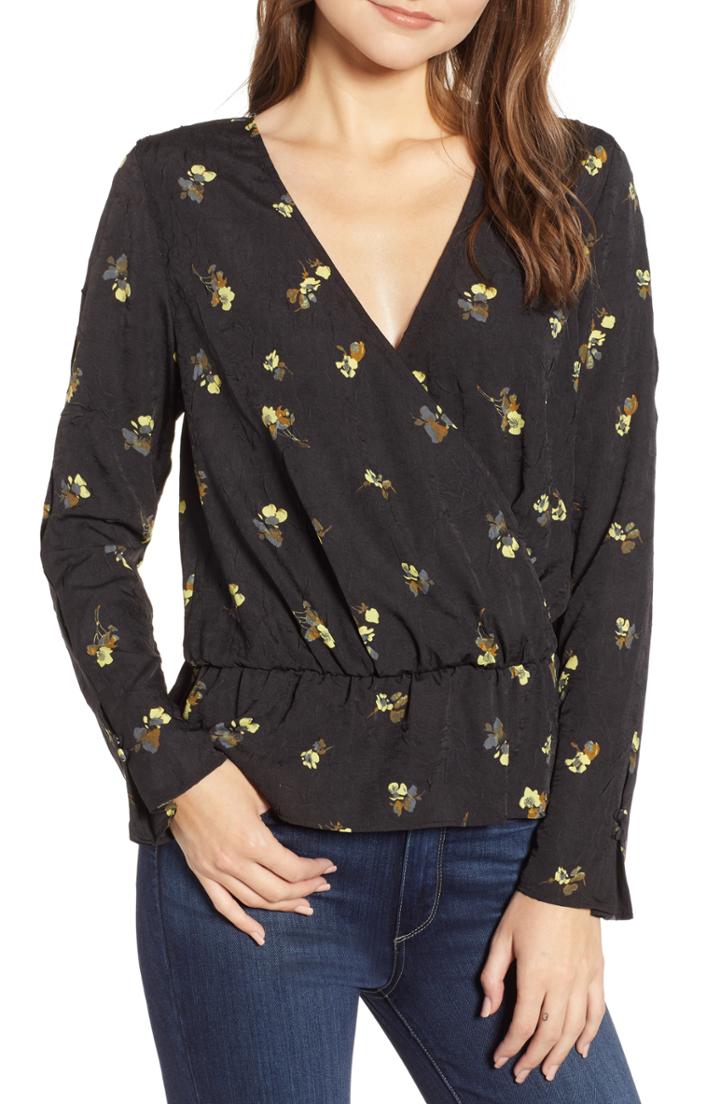 Women's Chelsea28 Floral Print Faux Wrap Top, Size - Black
