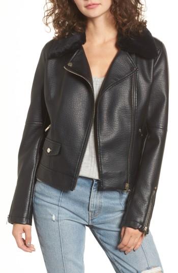 Women's Coffee Shop Textured Faux Leather Jacket With Removable Faux Fur Trim - Black