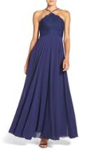 Women's Lulus High Neck Lace & Chiffon Gown - Blue