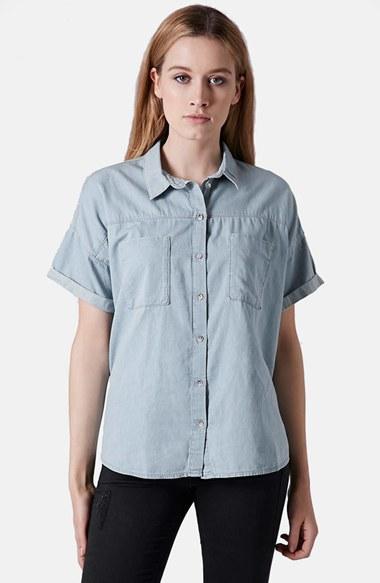 Topshop Moto Cotton Denim Shirt Light Denim