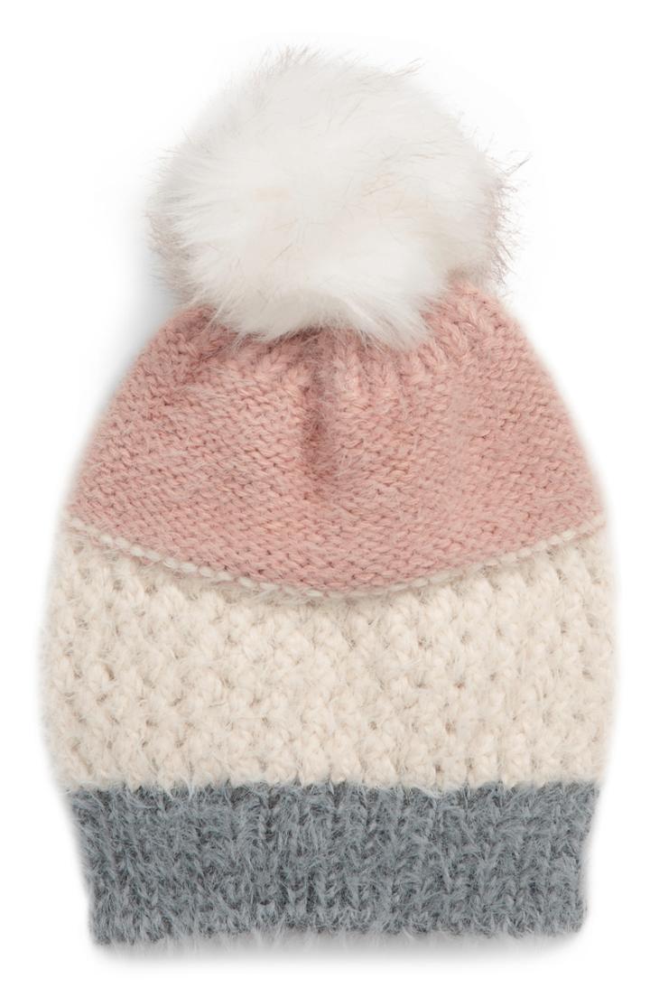 Women's Bp. Faux Fur Pom Colorblock Beanie -