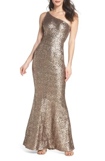 Women's Dress The Population Bella One-shoulder Mermaid Gown, Size - Metallic