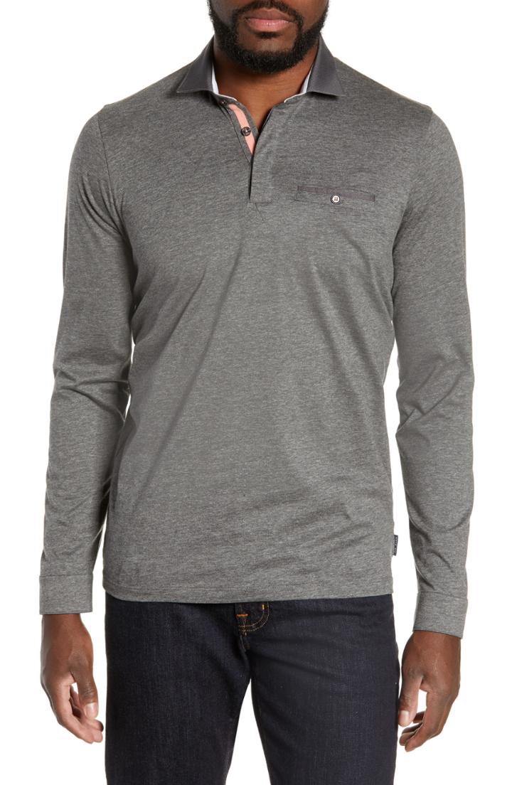 Men's Ted Baker London Dunes Slim Fit Long Sleeve Polo (s) - Grey