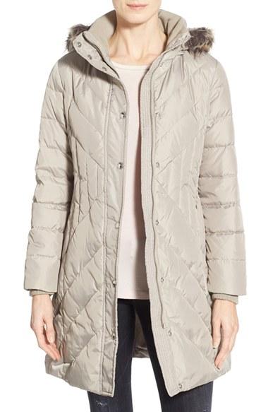 Petite Women's London Fog Down & Feather Fill Coat With Faux Fur Trim