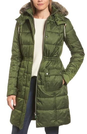 Women's Barbour Winterton Water Resistant Hooded Quilted Jacket With Faux Fur Trim Us / 10 Uk - Green