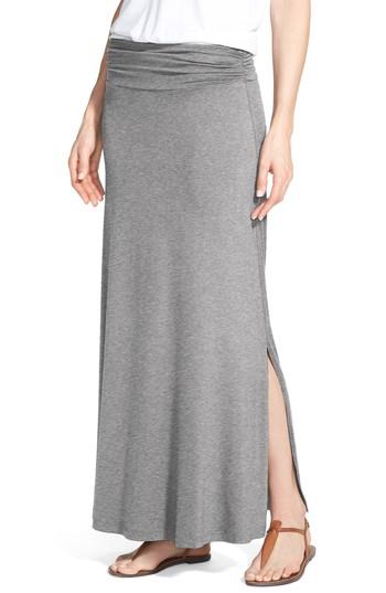 Petite Women's Bobeau Ruched Waist Side Slit Maxi Skirt P - Grey