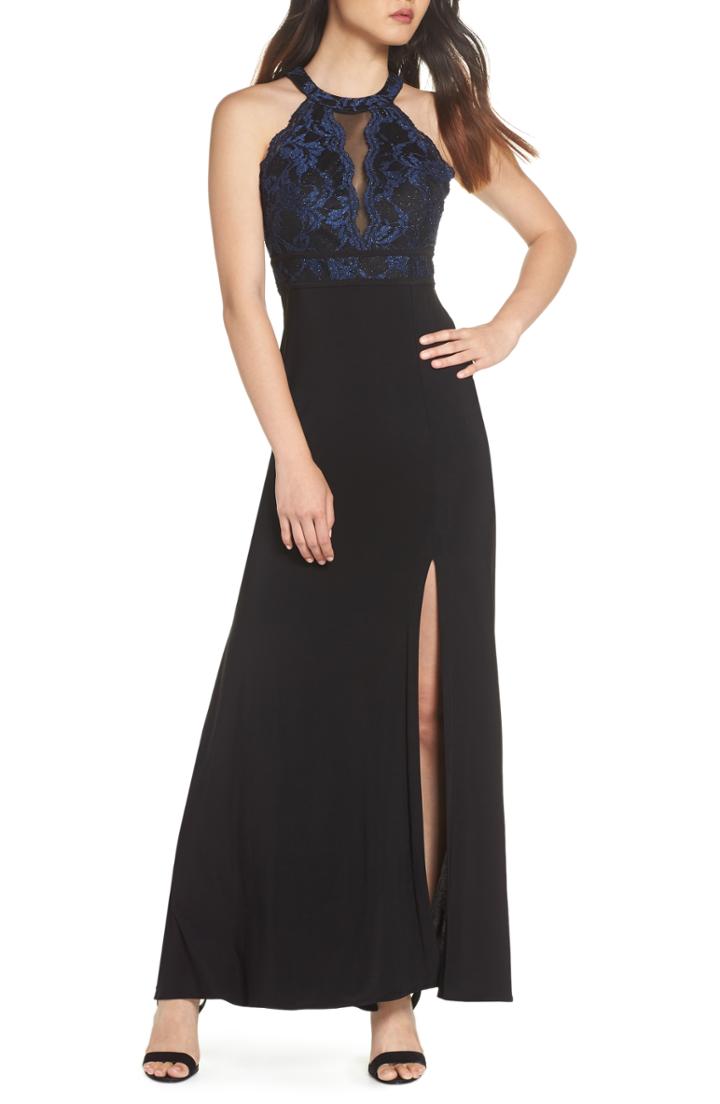 Women's Morgan & Co. Lace Bodice Knit Gown /6 - Black