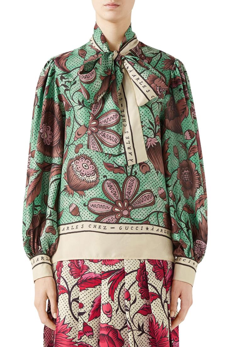 Women's Gucci Watercolor Floral Print Tie Neck Silk Blouse Us / 42 It - Green
