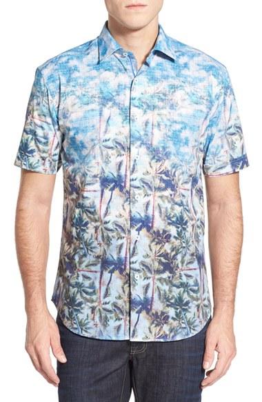 Men's Bugatchi Shaped Fit Print Sport Shirt, Size - Green