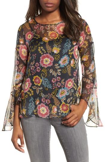 Women's Vince Camuto Flared Sleeve Floral Top, Size - Grey