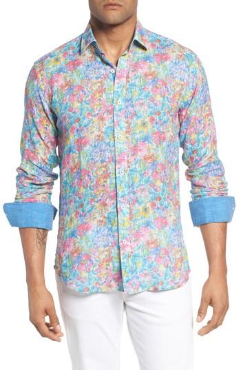 Men's Bugatchi Shaped Fit Floral Linen Sport Shirt - Green