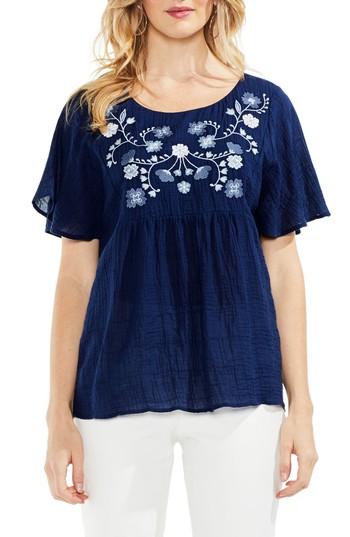 Women's Vince Camuto Embroidered Flutter Sleeve Blouse, Size - Blue