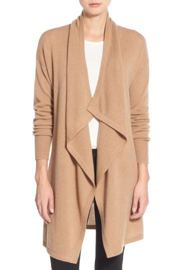 Petite Women's Halogen Cashmere Long Drape Front Cardigan, Size P - Brown