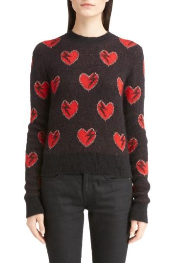 Women's Saint Laurent Heart Jacquard Mohair Blend Sweater