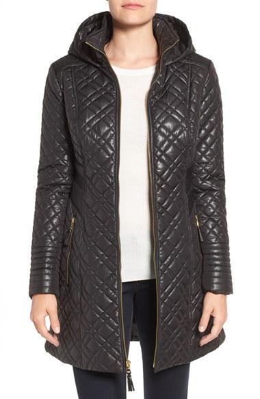 Women's Via Spiga Tassel Detail Hooded Mix Quilt Coat