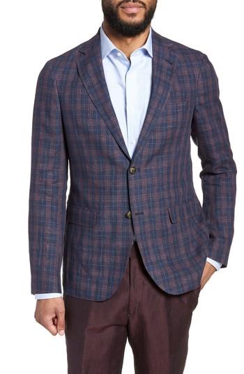 Men's Strong Suit Vanquish Trim Fit Plaid Linen Sport Coat R - Blue