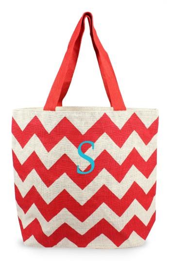 Cathy's Concepts Monogram Chevron Print Jute Tote - Red