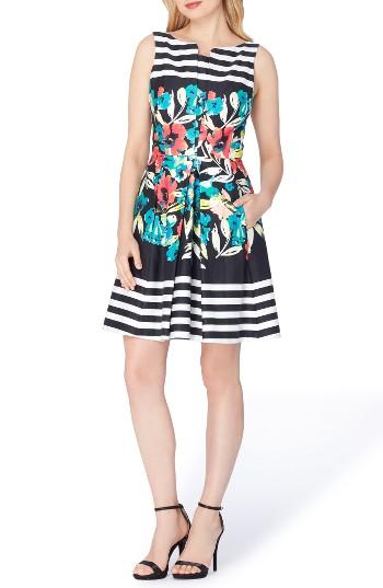 Women's Tahari Stripe Floral Fit & Flare Dress - Black