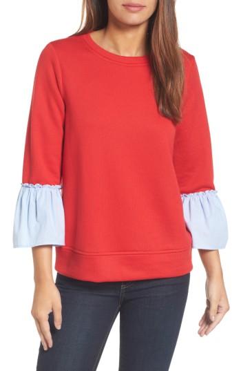 Women's Gibson Ruffle Sleeve Stripe Sweatshirt - Red