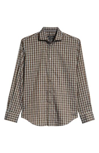 Men's Bugatchi Shaped Fit Gingham Sport Shirt - Brown