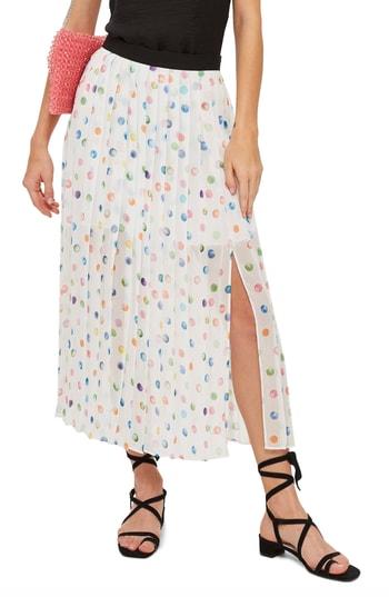 Women's Topshop Polka Dot Pleated Midi Skirt Us (fits Like 0) - White
