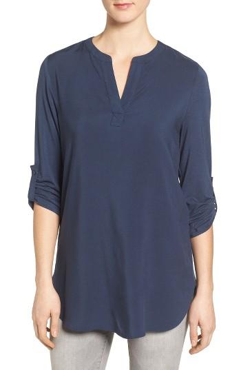 Petite Women's Pleione Split Neck Roll Sleeve Tunic P - Blue