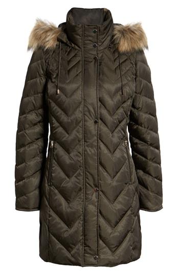 Women's Marc New York Matte Satin Chevron Faux Fur Trim Coat - Green