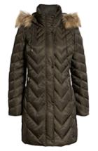 Women's Marc New York Matte Satin Chevron Faux Fur Trim Coat - Green