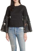 Women's Sea Lace Lace-up Back Bell Sleeve Blouse - Black