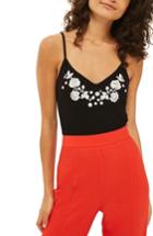 Women's Topshop Embroidered Tie Back Bodysuit Us (fits Like 2-4) - Black