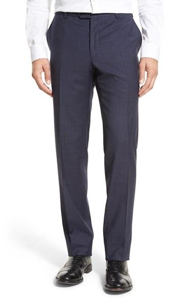 Men's Pal Zileri Flat Front Plaid Wool Trousers R Eu - Blue
