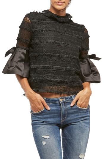 Women's Alpha & Omega Satin Cuff Lace Blouse - Black