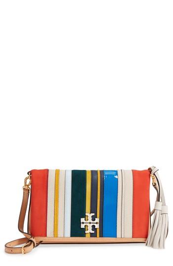 Tory Burch Mcgraw Balloon Stripe Leather & Genuine Calf Hair Foldover Crossbody Bag - Orange